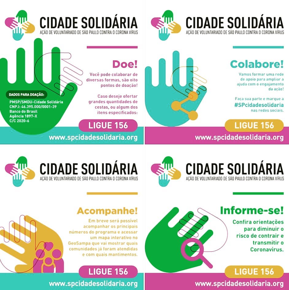 quatro boxes com o título Cidade Solidária informa sobre meios de fazer doações, contribuições e participar da campanha